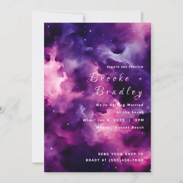 Purple Nebula Beach Wedding Invitation (Front)