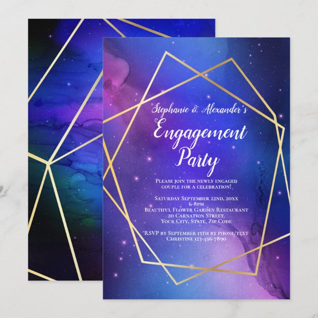 Purple Nebula Celestial Geometric Gold Engagement Invitation (Front/Back)