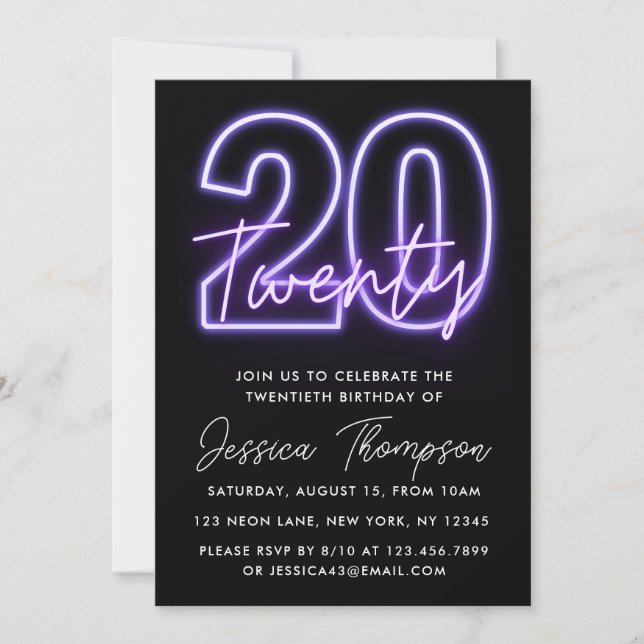 Purple Neon 20e anniversaire Invitation (Devant)