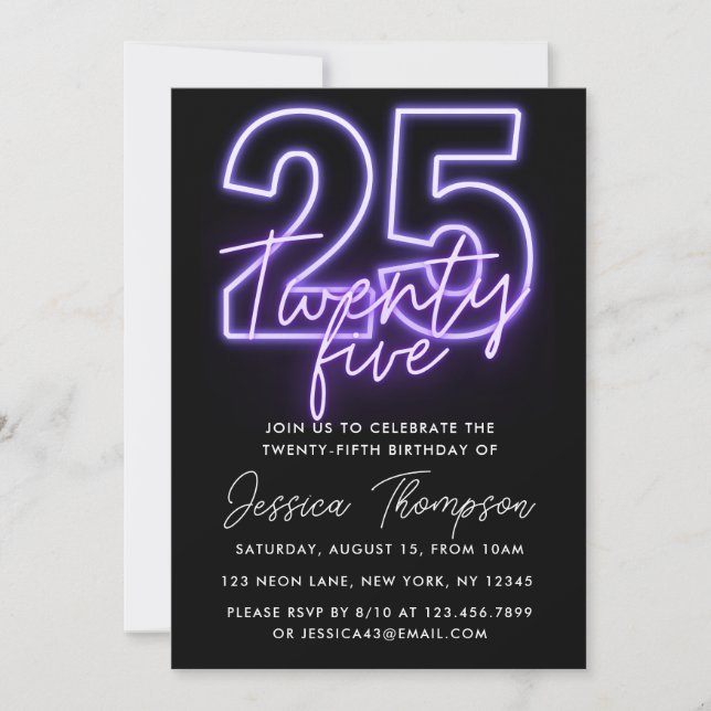 Purple Neon 25th Birthday Invitation (Front)