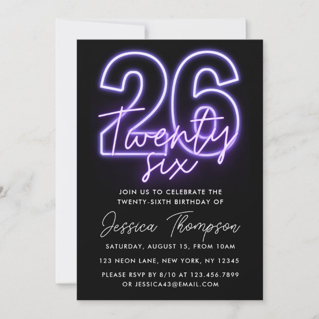 Purple Neon 26e anniversaire Invitation (Devant)
