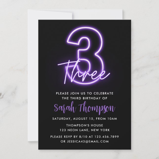 Purple Neon 3rd Birthday Invitation (Front)