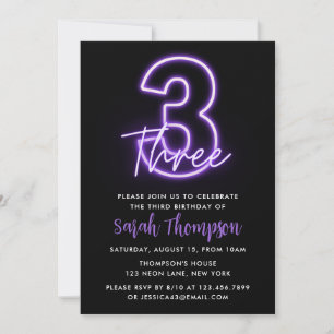 Purple Neon 3rd Birthday Invitation