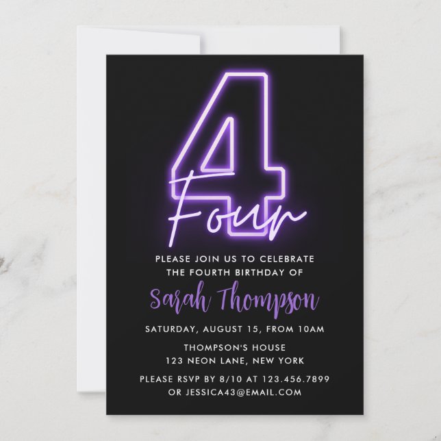 Purple Neon 4th Birthday Invitation (Front)