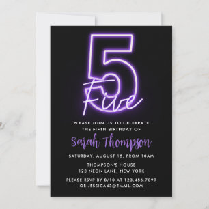 Purple Neon 5th Birthday Invitation