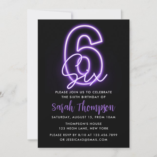 Purple Neon 6th Birthday Invitation (Front)