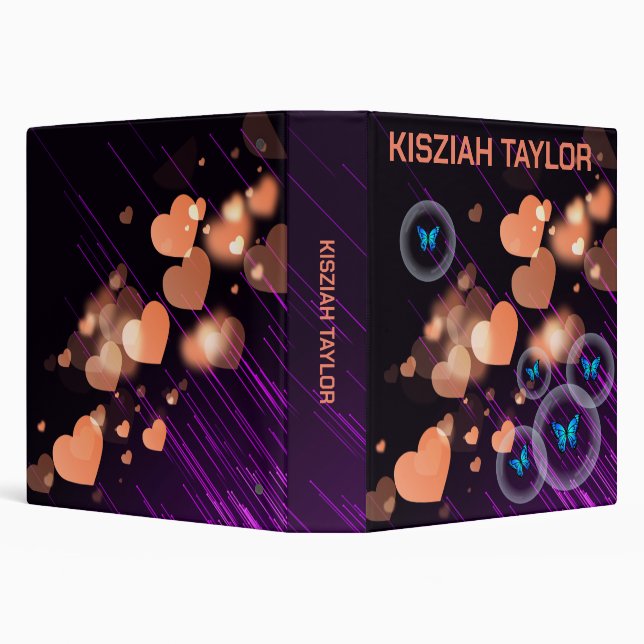 Purple Neon Butterfly Heart Girls Chic Custom Name Binder (Background)