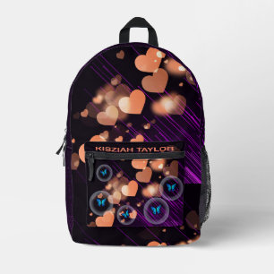 Purple Neon Butterfly kids Heart Cute Custom Name Printed Backpack
