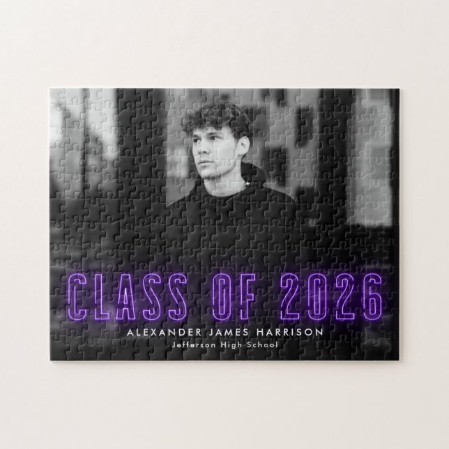 Purple Neon Class of 2025 Graduation Photo Jigsaw Puzzle (Horizontal)