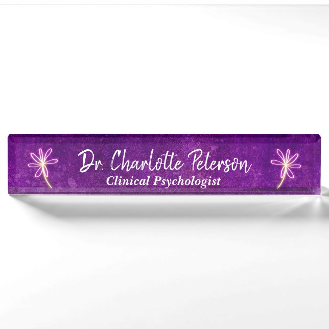 Purple Neon Daisy Floral Psychologist  Nameplate (Front)
