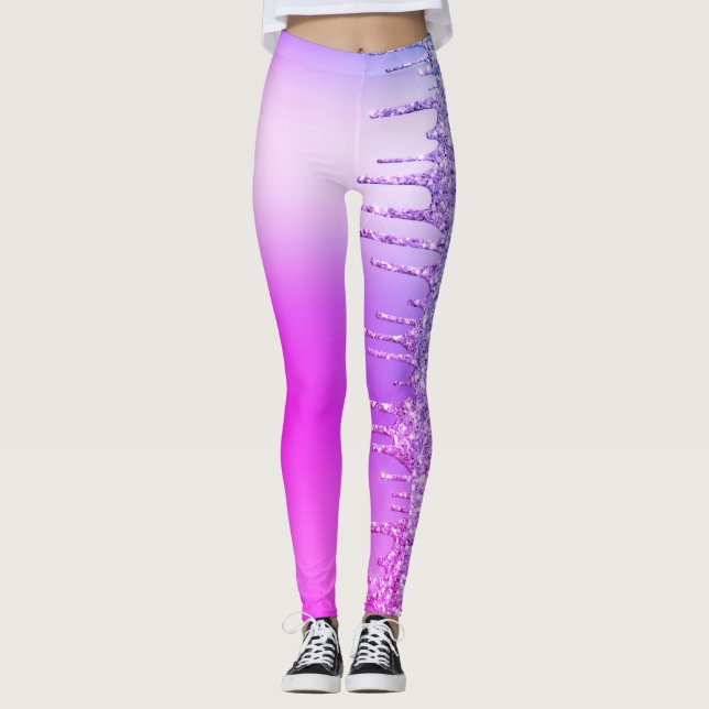 Purple Neon Glitter Sparkly Drips Party Leggings (Front)