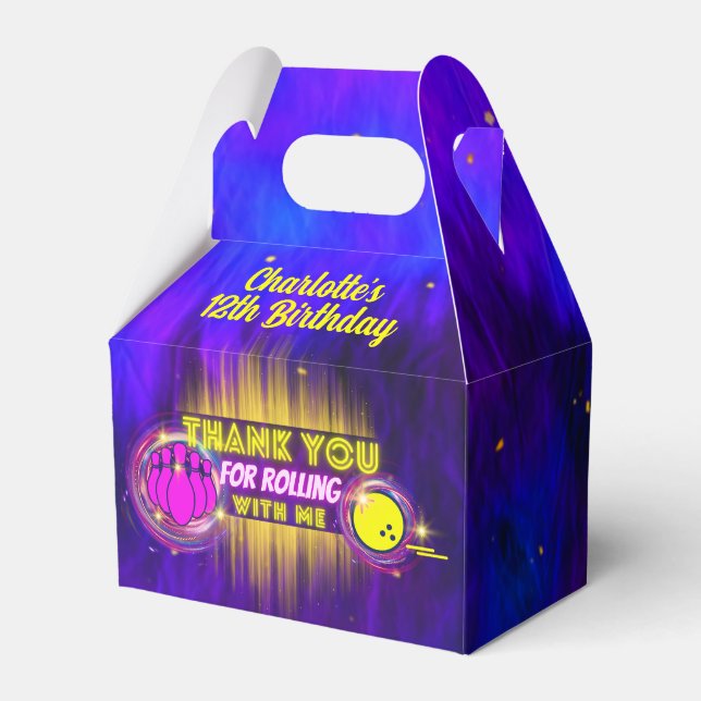 Purple Neon Glow Girl's Bowling Birthday Party Favor Box (Front Side)
