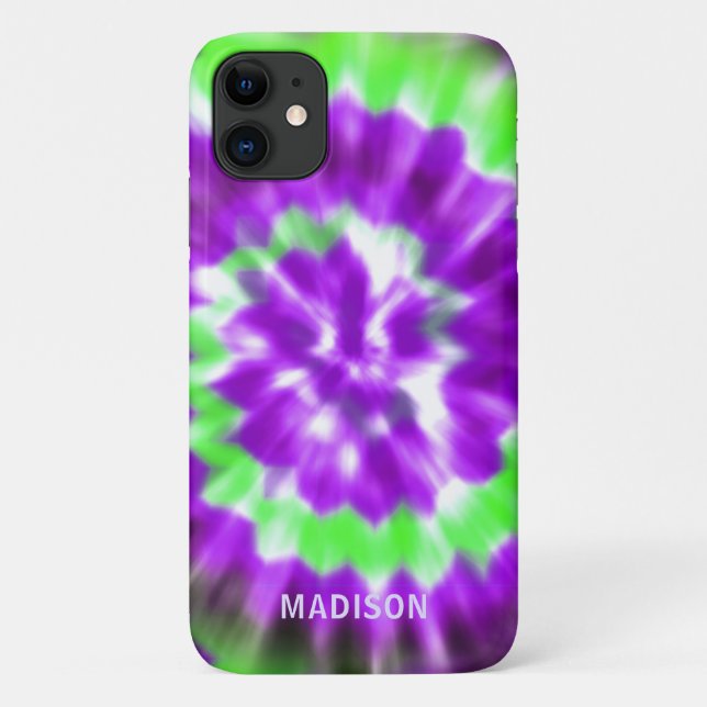 Purple Neon Green Tie Dye Pattern Custom Name Case-Mate iPhone Case (Back)