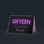 Purple Neon Lights Personalized 16th Birthday Card<br><div class="desc">Cool modern 16th birthday card with "sixteen" in purple glowing neon lights against a black background. Personalize with her name.</div>