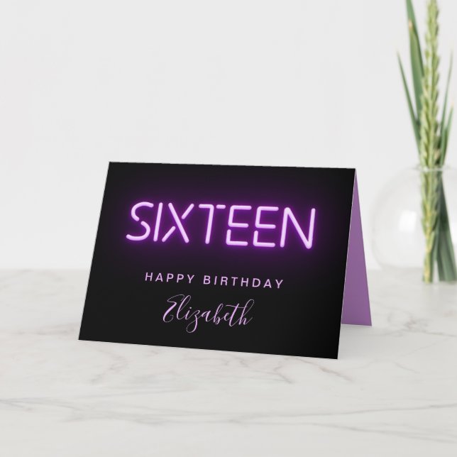 Purple Neon Lights Personalized 16th Birthday Card (Front)