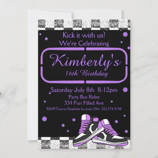 Purple Neon Sneaker Birthday, Glitter Invitation (Front)