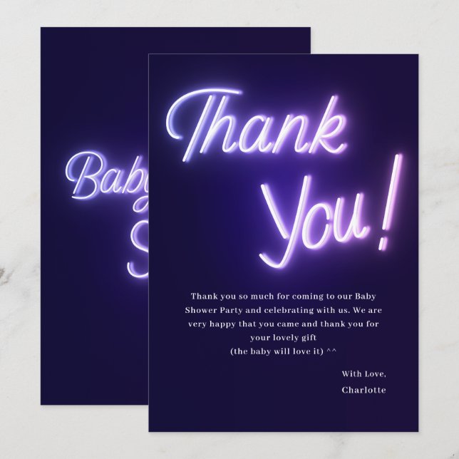 Purple Neon Text Baby Shower Thank You Card (Front/Back)