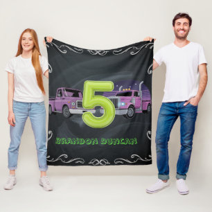 Purple Neon Trucks 5th Birthday Party Gift Fleece Blanket