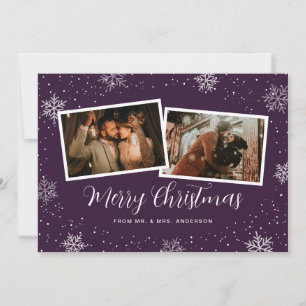 Purple Newlywed 2 Photo Snowflake Snow Christmas Holiday Card