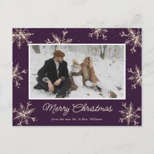 Purple Newlywed Snowflake Photo Merry Christmas Holiday Postcard