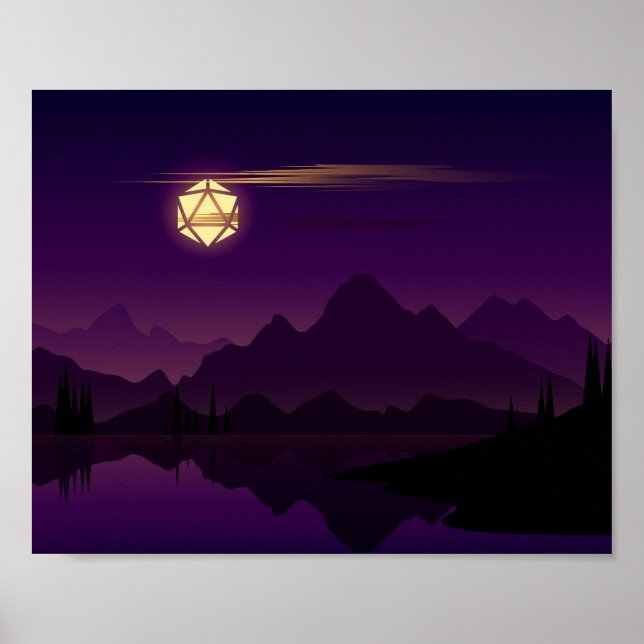 Purple Night D20 Dice Full Moon Tabletop RPG Poster (Front)
