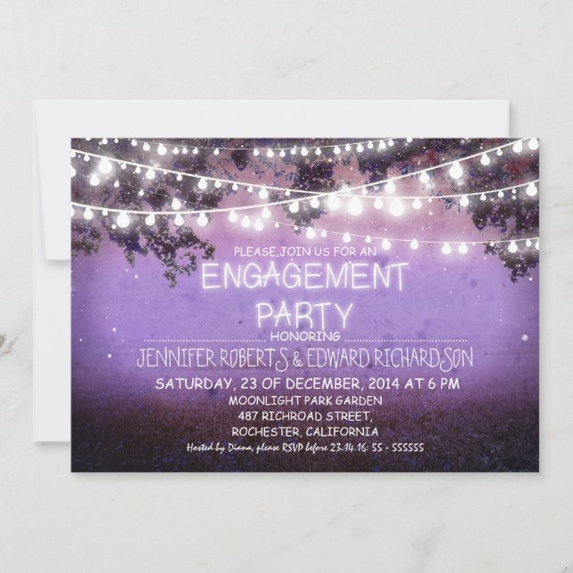 purple night & garden lights engagement party invitation (Front)