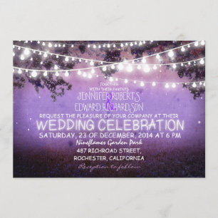 purple night & garden lights rustic wedding invitation