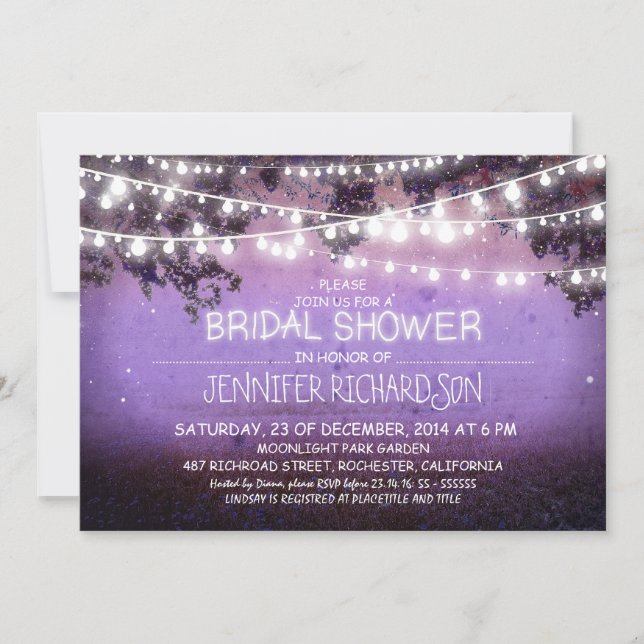 purple night lights bridal shower invitations (Front)