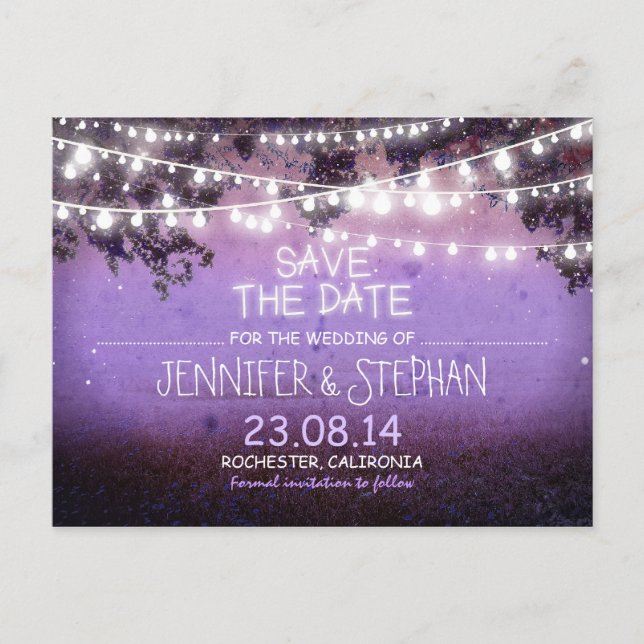 purple night lights romantic save the date announcement postcard (Front)