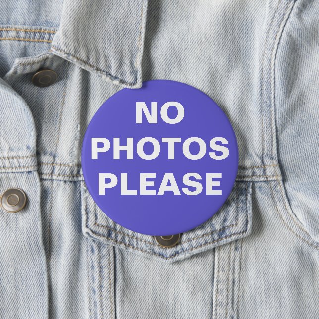 Purple "No Photos Please" Pin-On Button (In Situ)