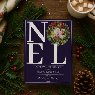 Purple Noel Christmas Wreath Photo Holiday Card