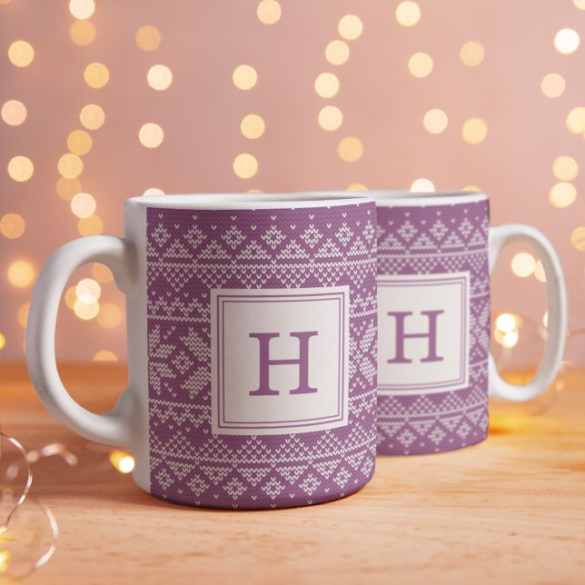 Purple Nordic Sweater Pattern Monogram Holiday  Coffee Mug (Creator Uploaded)
