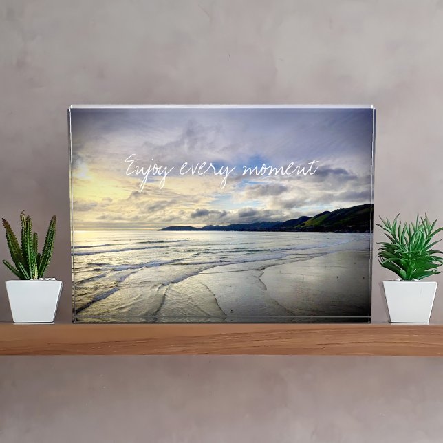 Purple Ocean Beach Sunset Enjoy Every Moment Quote Photo Block (Creator Uploaded)