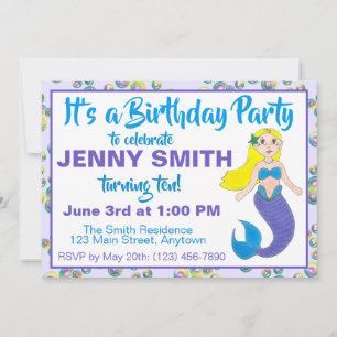 Purple Ocean Mermaid Bubbles Birthday Pool Party Invitation