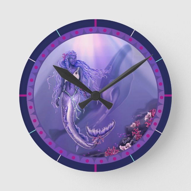 Purple Ocean Mermaid Round Clock (Front)