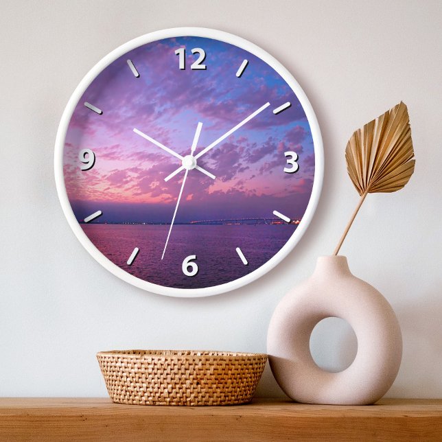 Purple ocean sunset clouds photo modern elegant large clock (Creator Uploaded)