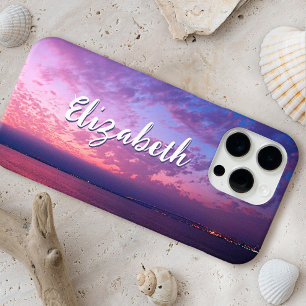 Purple Ocean Sunset Photo Stylish Script Name Chic iPhone 16 Pro Max Case