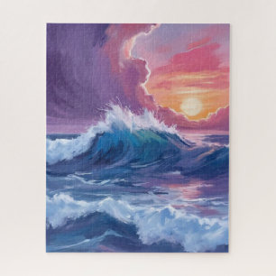 Purple Ocean Waves Sunset Watercolor Painting Jigsaw Puzzle
