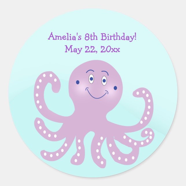 Purple Octopus Birthday Custom Favour Sticker (Front)