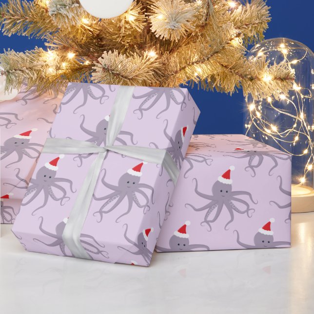 Purple Octopus in Santa Hat Christmas Wrapping Paper (Holidays)
