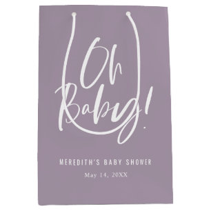 Purple Oh Baby Simple Calligraphy Baby Shower Medium Gift Bag