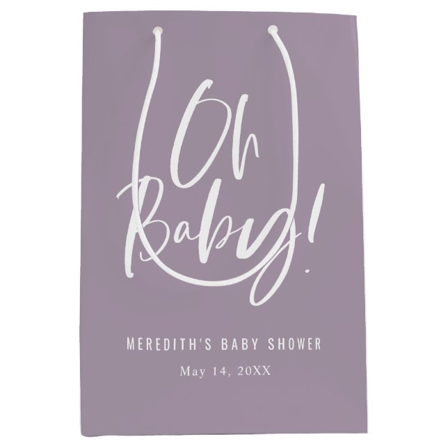Purple Oh Baby Simple Calligraphy Baby Shower Medium Gift Bag (Front)