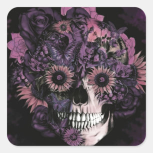 Purple ohm skull with paint splatters. square sticker