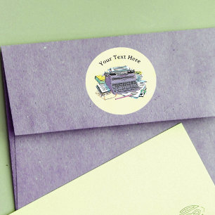 Purple Old Manual Typewriter Paper on Yellow Classic Round Sticker