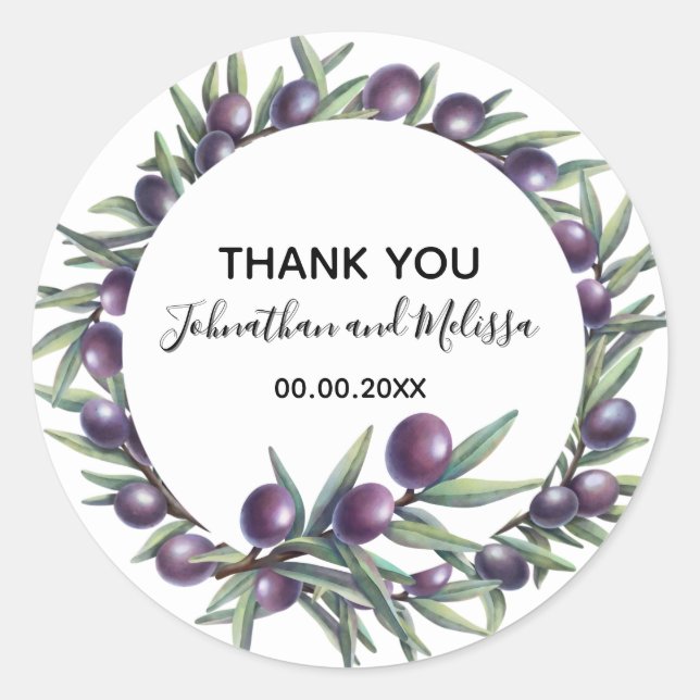 Purple olive branch / thank you party classic round sticker (Front)
