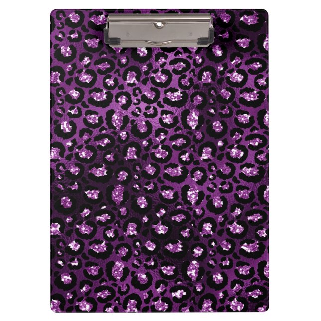 Purple Ombre & Black Glam Glitter Leopard Spots Clipboard (Front)