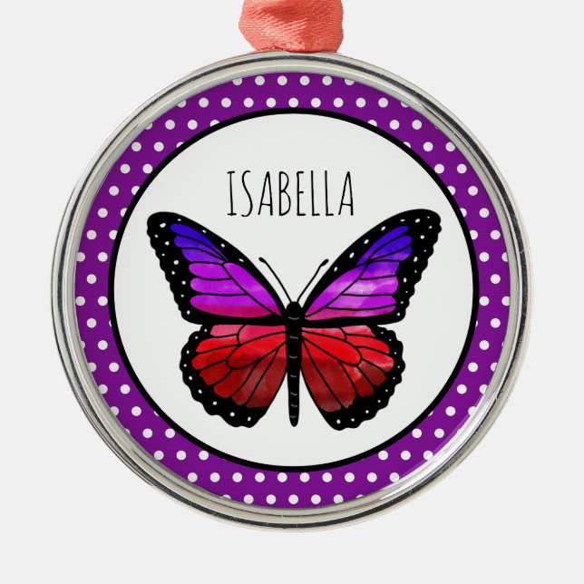 Purple Ombre Butterfly Polka Dot Personalized  Metal Ornament (Front)