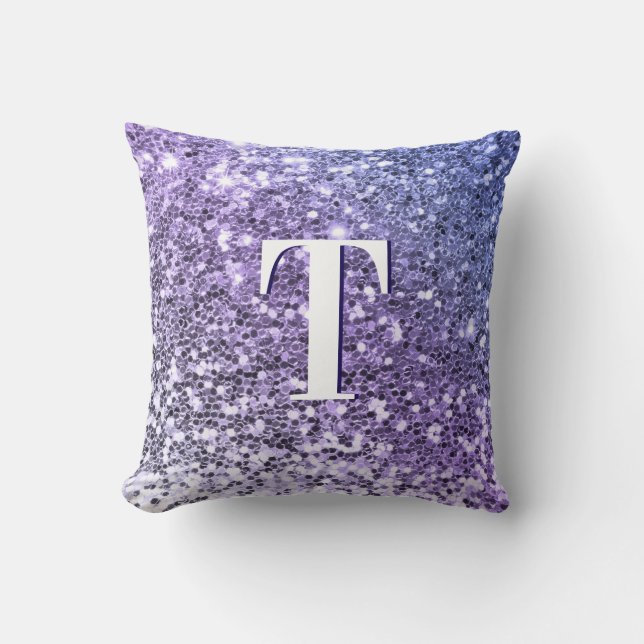 Purple Ombre Chunky Glitter Monogrammed Throw Pillow (Front)