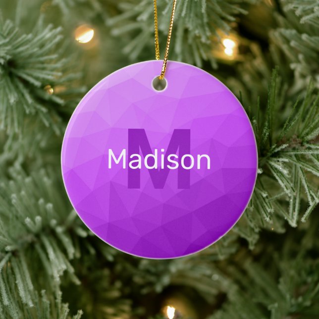 Purple ombre geometric mesh pattern Monogram Ceramic Ornament (Tree)