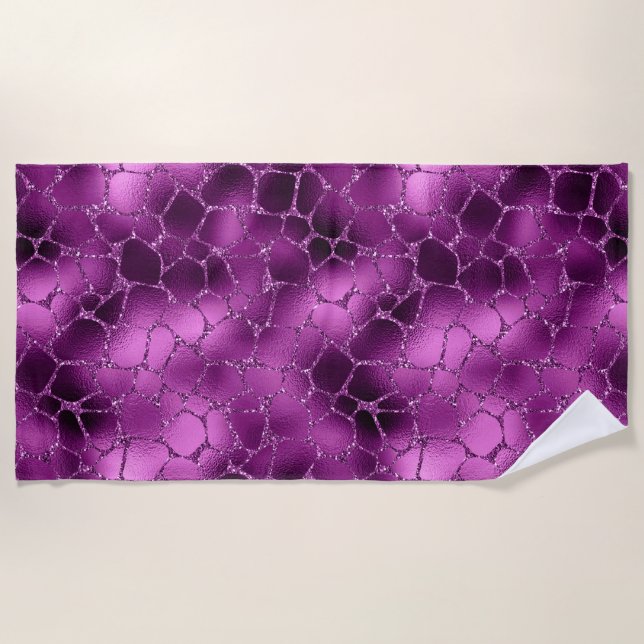 Purple Ombre Glam Glitter Giraffe Spots Pattern Beach Towel (Front)